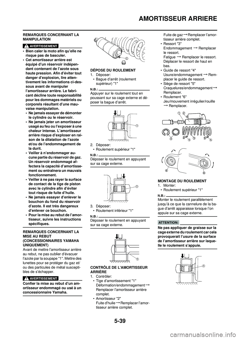 YAMAHA YZ250F 2008  Notices Demploi (in French) 5-39
AMORTISSEUR ARRIERE
REMARQUES CONCERNANT LA 
MANIPULATION
• Bien caler la moto afin qu’elle ne risque pas de basculer.
• Cet amortisseur arrière est  équipé d’un réservoir indépen-
d