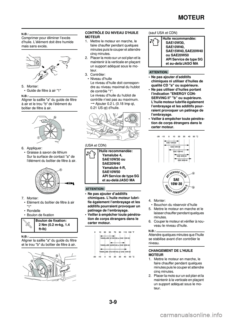 YAMAHA YZ250F 2008  Notices Demploi (in French) 3-9
MOTEUR
Comprimer pour éliminer l’excès 
d’huile. L’élément doit être humide 
mais sans excès.
5. Monter:• Guide de filtre à air "1"
Aligner la saillie "a" du guide de filtre 
à air