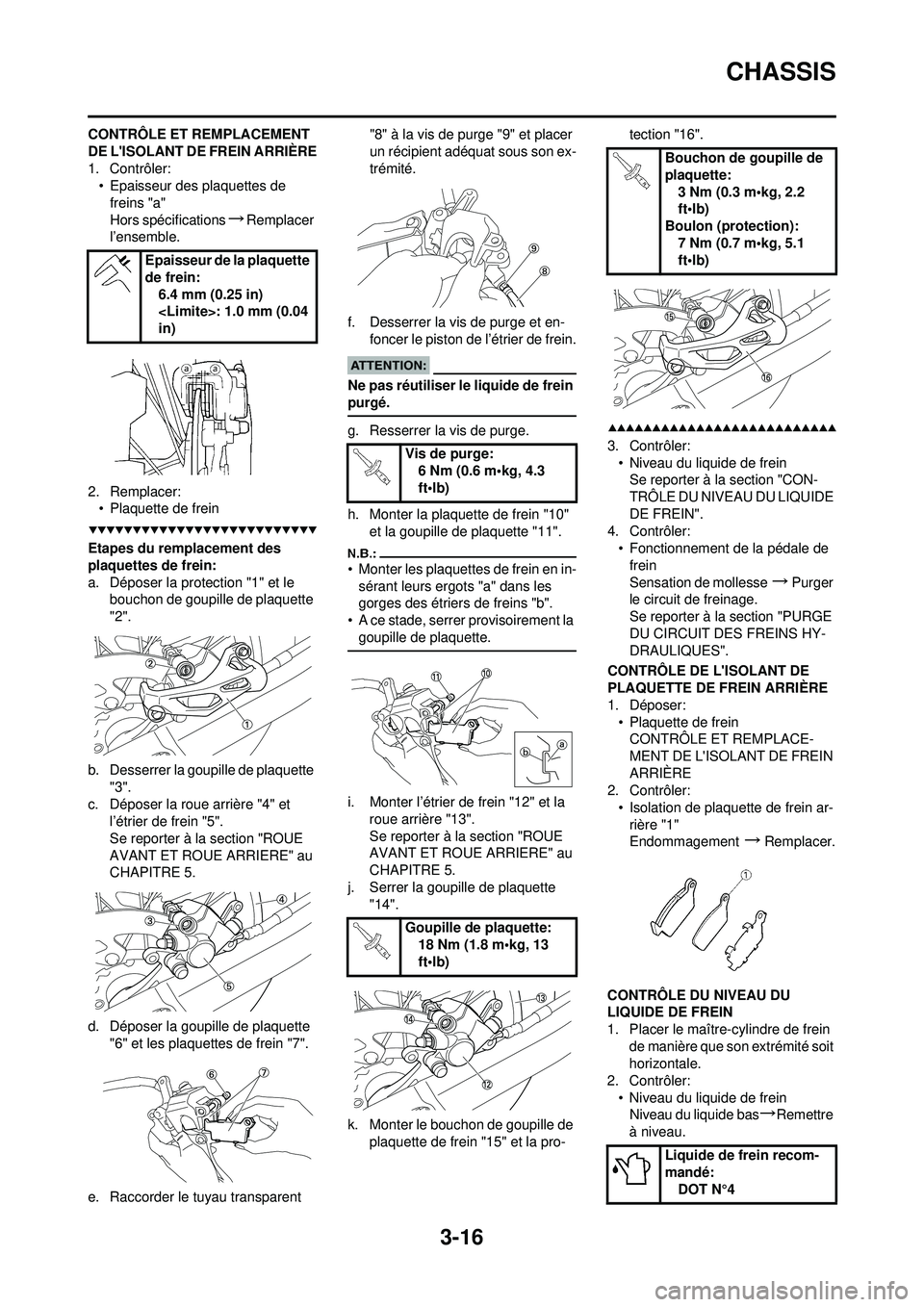 YAMAHA YZ250F 2008  Notices Demploi (in French) 3-16
CHASSIS
CONTRÔLE ET REMPLACEMENT 
DE LISOLANT DE FREIN ARRIÈRE
1. Contrôler:• Epaisseur des plaquettes de 
freins "a"
Hors spécifications
→Remplacer 
l’ensemble.
2. Remplacer: • Plaq