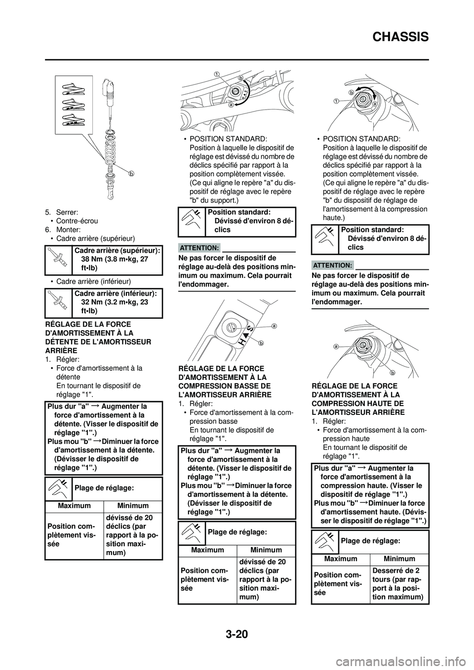 YAMAHA YZ250F 2008  Notices Demploi (in French) 3-20
CHASSIS
5. Serrer:• Contre-écrou
6. Monter: • Cadre arrière (supérieur)
• Cadre arrière (inférieur)
RÉGLAGE DE LA FORCE 
DAMORTISSEMENT À LA 
DÉTENTE DE LAMORTISSEUR 
ARRIÈRE
1. 