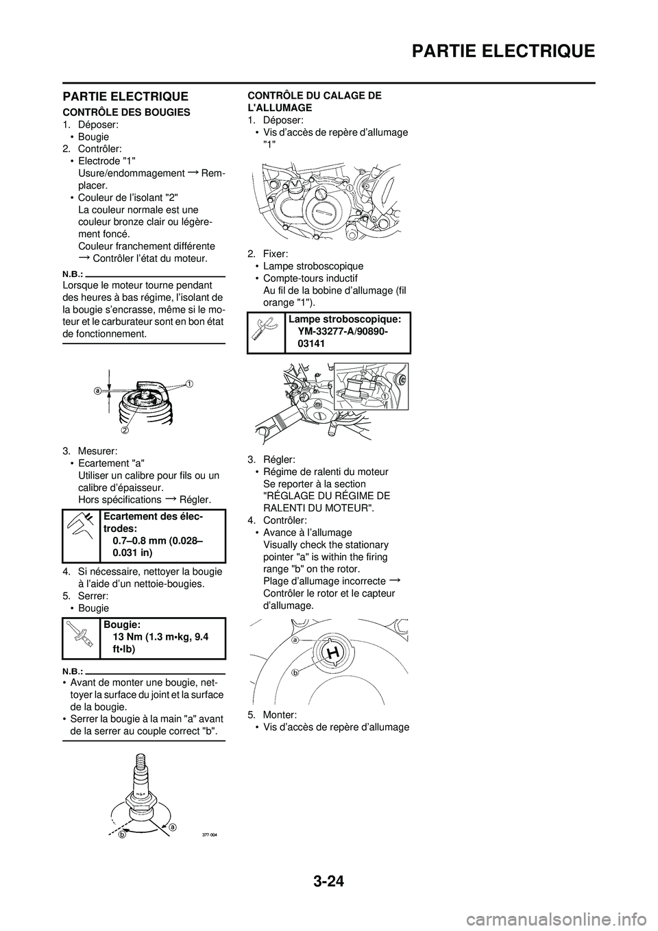 YAMAHA YZ250F 2008  Notices Demploi (in French) 3-24
PARTIE ELECTRIQUE
PARTIE ELECTRIQUE
CONTRÔLE DES BOUGIES
1. Déposer:• Bougie
2. Contrôler:
• Electrode "1"Usure/endommagement
→Rem-
placer.
• Couleur de l’isolant "2" La couleur norm