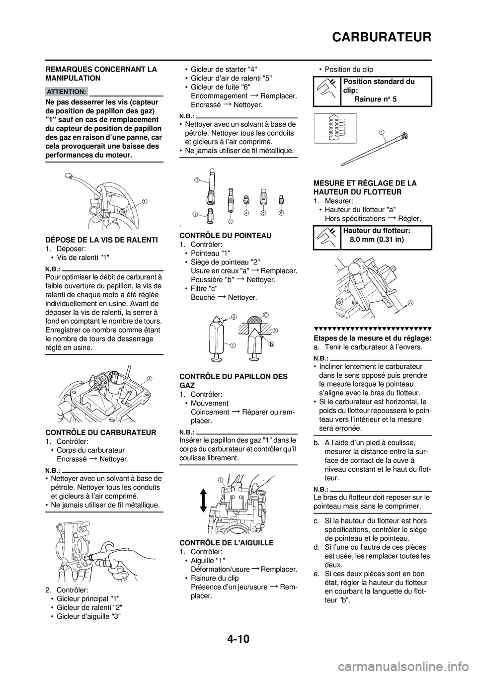 YAMAHA YZ250F 2008  Notices Demploi (in French) 4-10
CARBURATEUR
REMARQUES CONCERNANT LA 
MANIPULATION
Ne pas desserrer les vis (capteur 
de position de papillon des gaz) 
"1" sauf en cas de remplacement 
du capteur de position de papillon 
des gaz