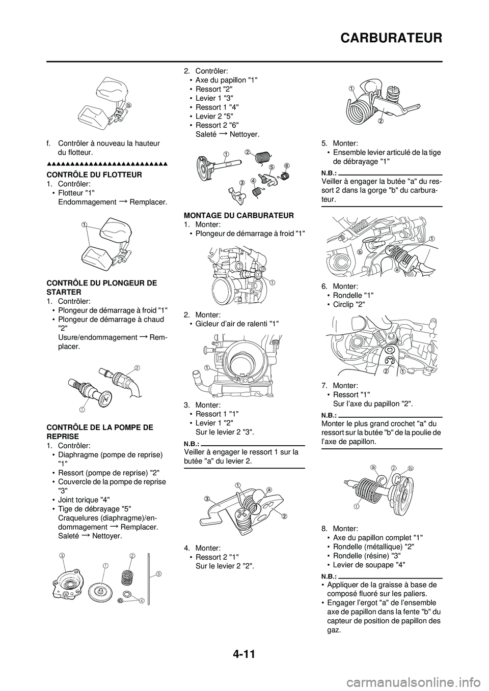 YAMAHA YZ250F 2008  Notices Demploi (in French) 4-11
CARBURATEUR
f. Contrôler à nouveau la hauteur du flotteur.
CONTRÔLE DU FLOTTEUR
1. Contrôler:• Flotteur "1"Endommagement
→Remplacer.
CONTRÔLE DU PLONGEUR DE 
STARTER
1. Contrôler: • P