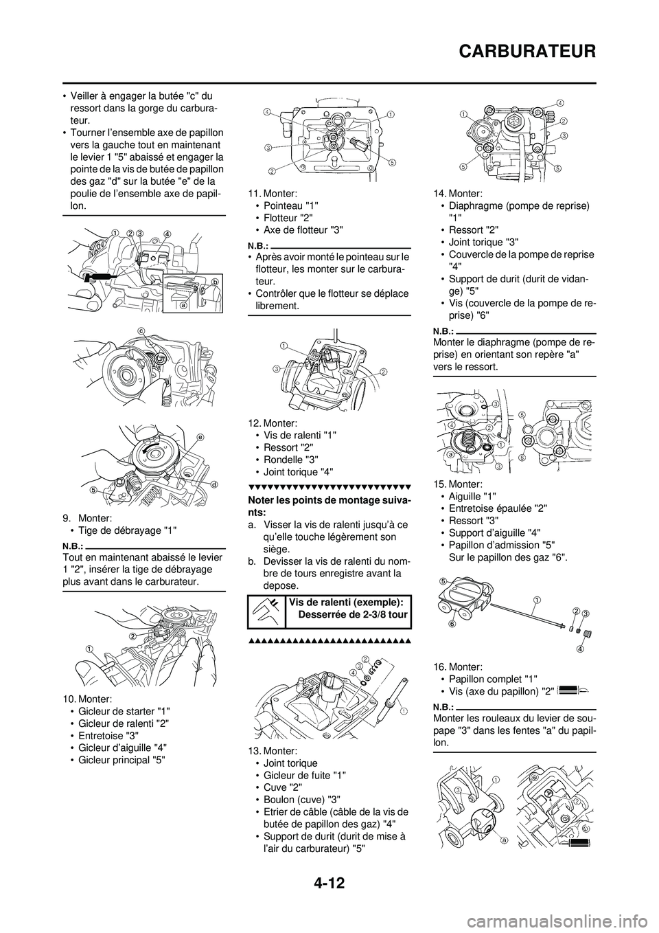 YAMAHA YZ250F 2008  Notices Demploi (in French) 4-12
CARBURATEUR
• Veiller à engager la butée "c" du ressort dans la gorge du carbura-
teur.
• Tourner l’ensemble axe de papillon 
vers la gauche tout en maintenant 
le levier 1 "5" abaissé e