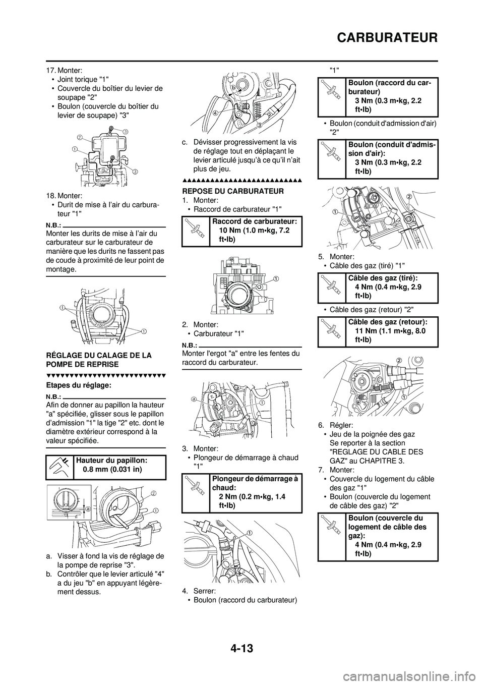 YAMAHA YZ250F 2008  Notices Demploi (in French) 4-13
CARBURATEUR
17. Monter:• Joint torique "1"
• Couvercle du boîtier du levier de soupape "2"
• Boulon (couvercle du boîtier du  levier de soupape) "3"
18. Monter: • Durit de mise à l’a