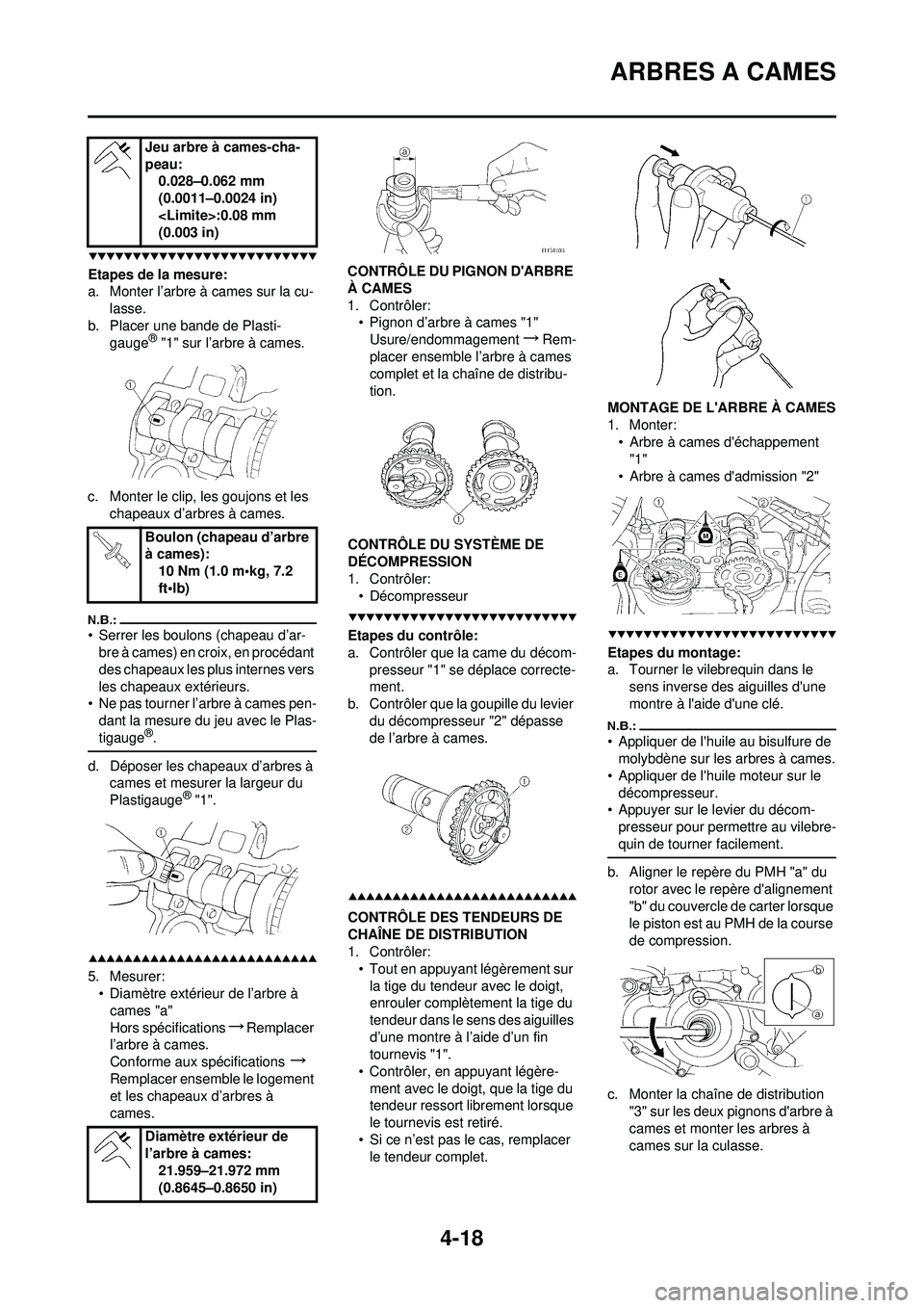 YAMAHA YZ250F 2008  Notices Demploi (in French) 4-18
ARBRES A CAMES
Etapes de la mesure:
a. Monter l’arbre à cames sur la cu-lasse.
b. Placer une bande de Plasti- gauge
® "1" sur l’arbre à cames.
c. Monter le clip, les goujons et les  chapea