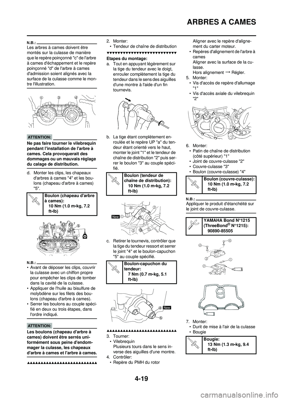 YAMAHA YZ250F 2008  Notices Demploi (in French) 4-19
ARBRES A CAMES
Les arbres à cames doivent être 
montés sur la culasse de manière 
que le repère poinçonné "c" de larbre 
à cames déchappement et le repère 
poinçonné "d" de larbre 