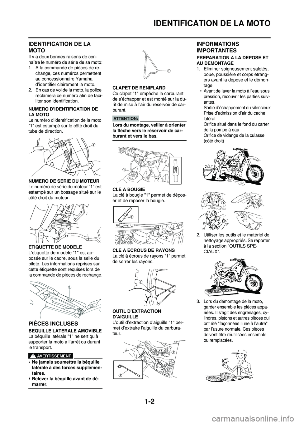 YAMAHA YZ250F 2008  Notices Demploi (in French) 1-2
IDENTIFICATION DE LA MOTO
IDENTIFICATION DE LA 
MOTO
Il y a deux bonnes raisons de con-
naître le numéro de série de sa moto:
1. A la commande de pièces de re-change, ces numéros permettent 
