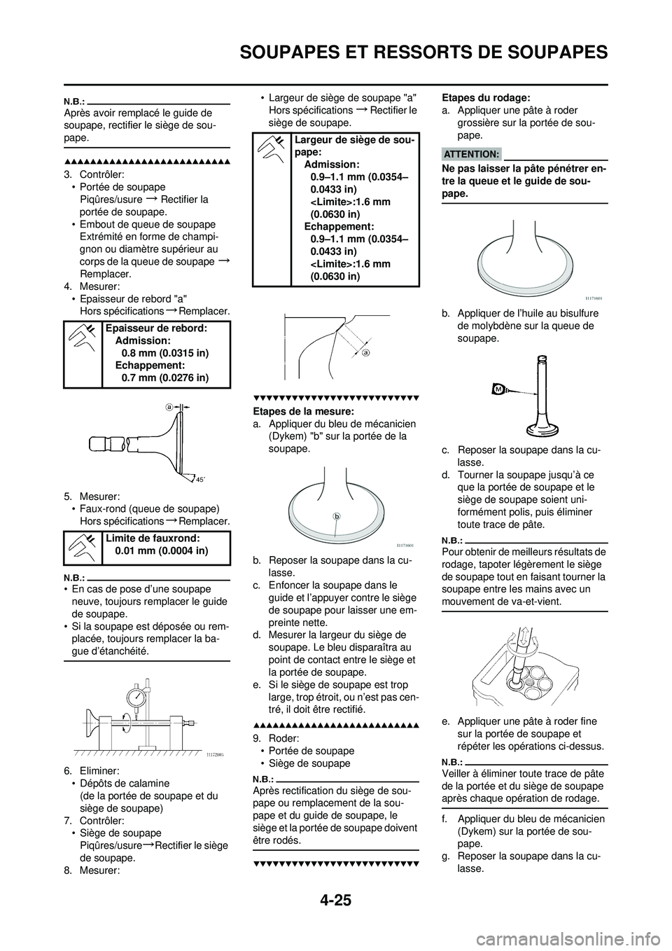 YAMAHA YZ250F 2008  Notices Demploi (in French) 4-25
SOUPAPES ET RESSORTS DE SOUPAPES
Après avoir remplacé le guide de 
soupape, rectifier le siège de sou-
pape.
3. Contrôler:• Portée de soupapePiqûres/usure
→Rectifier la 
portée de soup