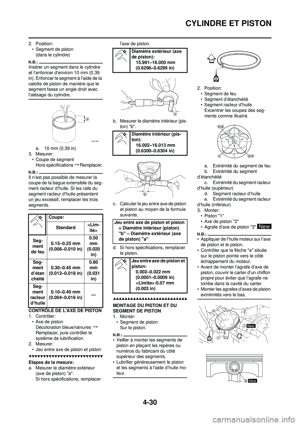 YAMAHA YZ250F 2008  Notices Demploi (in French) 4-30
CYLINDRE ET PISTON
2. Position:• Segment de piston(dans le cylindre)
Insérer un segment dans le cylindre 
et l’enfoncer d’environ 10 mm (0.39 
in). Enfoncer le segment à l’aide de la 
c