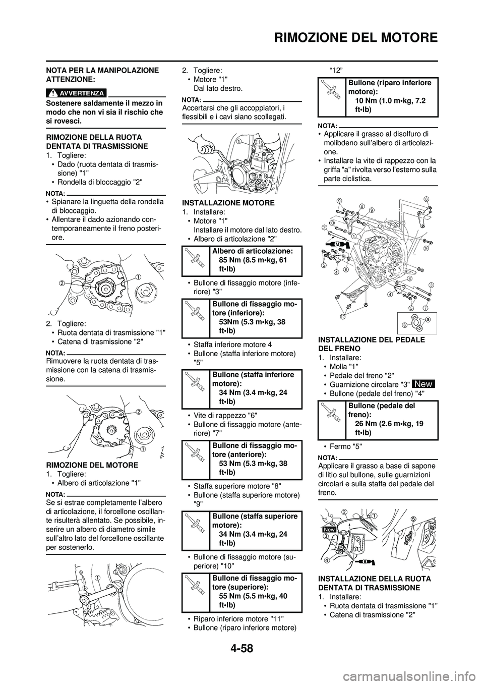 YAMAHA YZ250F 2008  Manuale duso (in Italian) 4-58
RIMOZIONE DEL MOTORE
NOTA PER LA MANIPOLAZIONE 
ATTENZIONE:
Sostenere saldamente il mezzo in 
modo che non vi sia il rischio che 
si rovesci.
RIMOZIONE DELLA RUOTA 
DENTATA DI TRASMISSIONE
1. Tog