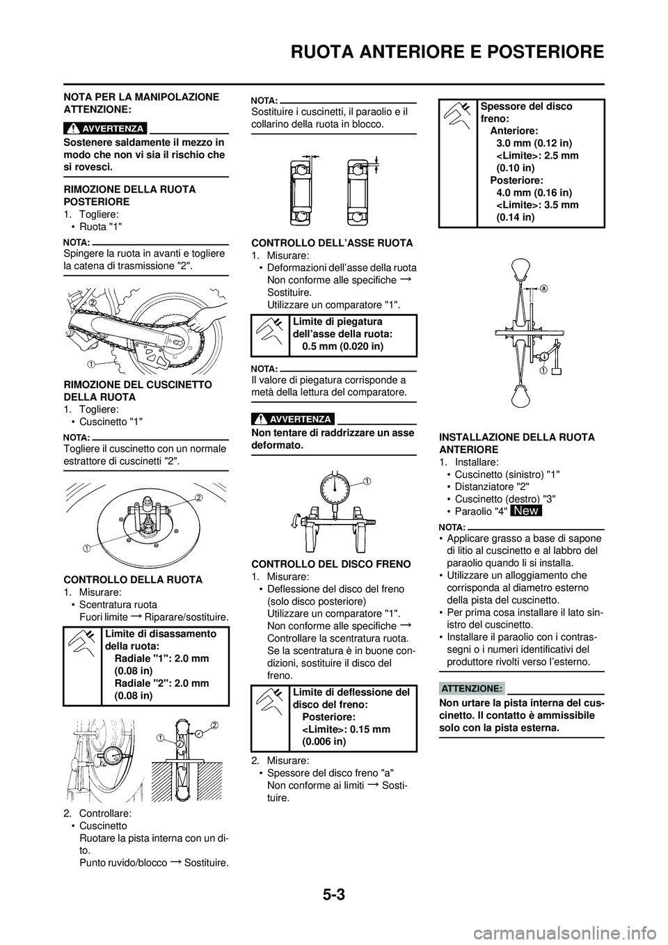 YAMAHA YZ250F 2008 Manuale duso (in Italian) 5-3
RUOTA ANTERIORE E POSTERIORE
NOTA PER LA MANIPOLAZIONE
ATTENZIONE:
Sostenere saldamente il mezzo in
modo che non vi sia il rischio che
si rovesci.
RIMOZIONE DELLA RUOTA
POSTERIORE
1. Togliere: YAMAHA YZ250F 2008 Manuale duso (in Italian) 5-3
RUOTA ANTERIORE E POSTERIORE
NOTA PER LA MANIPOLAZIONE
ATTENZIONE:
Sostenere saldamente il mezzo in
modo che non vi sia il rischio che
si rovesci.
RIMOZIONE DELLA RUOTA
POSTERIORE
1. Togliere: