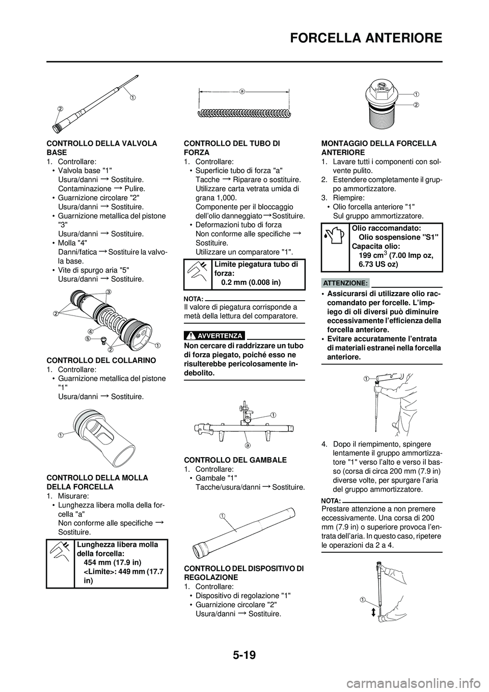 YAMAHA YZ250F 2008 Manuale duso (in Italian) 5-19
FORCELLA ANTERIORE
CONTROLLO DELLA VALVOLA
BASE
1. Controllare:• Valvola base "1"
Usura/danni
→Sostituire.
Contaminazione
→Pulire.
• Guarnizione circolare "2"
Usura/danni
→Sostituire. YAMAHA YZ250F 2008 Manuale duso (in Italian) 5-19
FORCELLA ANTERIORE
CONTROLLO DELLA VALVOLA
BASE
1. Controllare:• Valvola base "1"
Usura/danni
→Sostituire.
Contaminazione
→Pulire.
• Guarnizione circolare "2"
Usura/danni
→Sostituire.