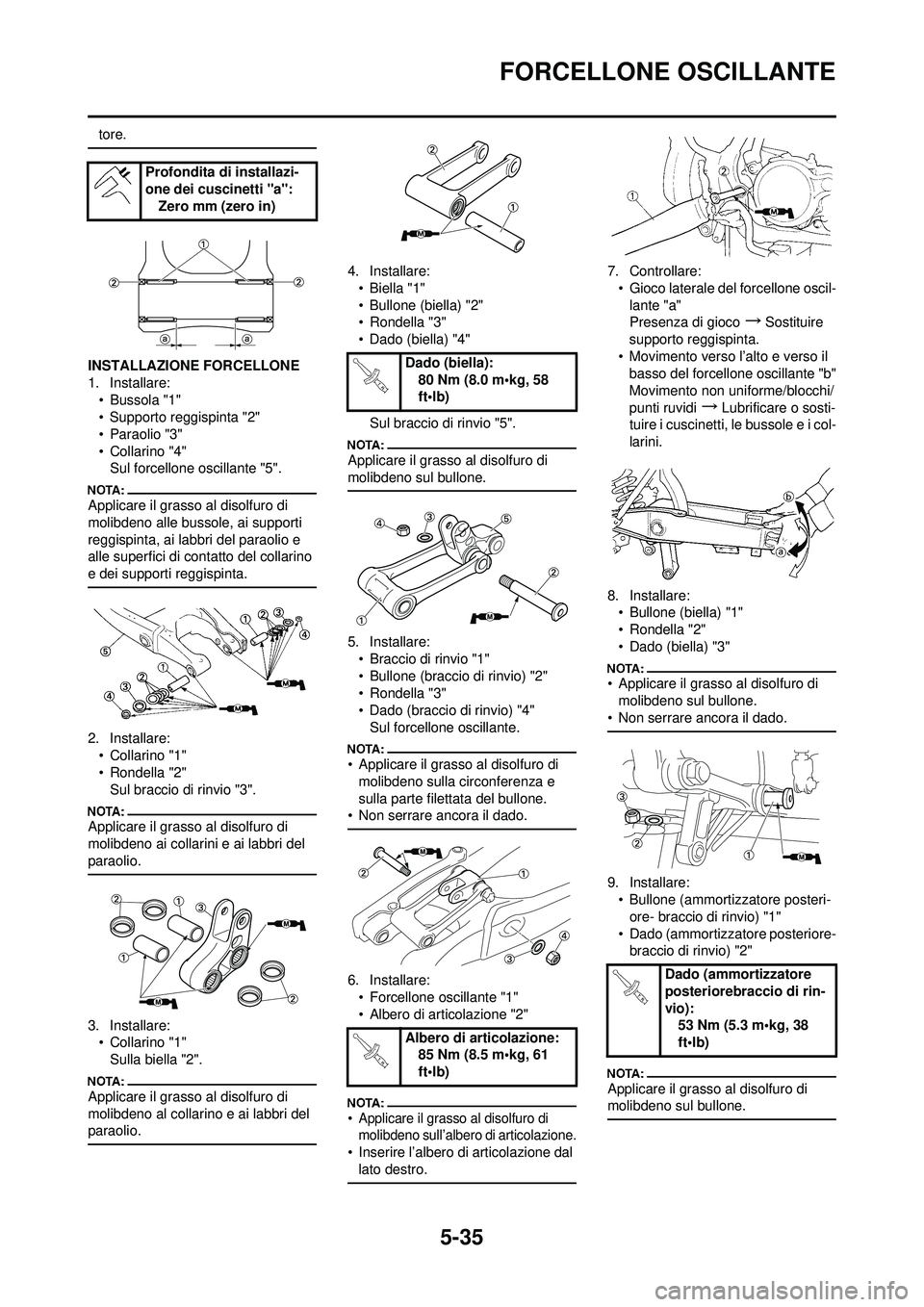 YAMAHA YZ250F 2008 Manuale duso (in Italian) 5-35
FORCELLONE OSCILLANTE
tore.
INSTALLAZIONE FORCELLONE
1. Installare:•Bussola "1"
• Supporto reggispinta "2"
• Paraolio "3"
•Collarino "4"Sul forcellone oscillante "5".
Applicare il grasso YAMAHA YZ250F 2008 Manuale duso (in Italian) 5-35
FORCELLONE OSCILLANTE
tore.
INSTALLAZIONE FORCELLONE
1. Installare:•Bussola "1"
• Supporto reggispinta "2"
• Paraolio "3"
•Collarino "4"Sul forcellone oscillante "5".
Applicare il grasso