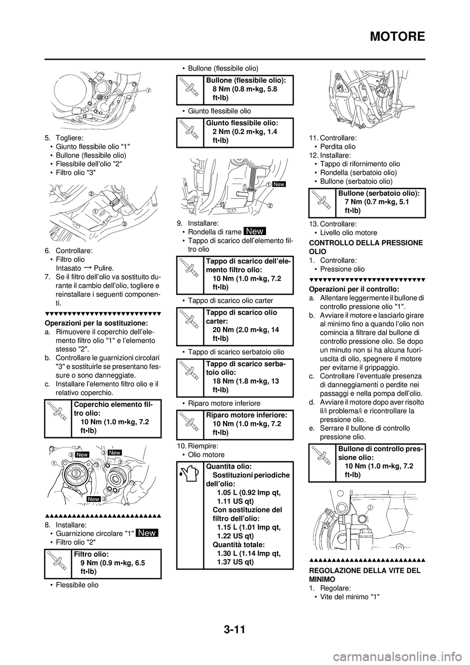 YAMAHA YZ250F 2008  Manuale duso (in Italian) 3-11
MOTORE
5. Togliere:• Giunto flessibile olio "1"
• Bullone (flessibile olio)
• Flessibile dell’olio "2"
• Filtro olio "3"
6. Controllare: •Filtro olioIntasato
→Pulire.
7. Se il filtr
