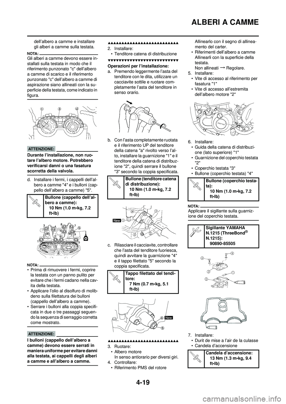 YAMAHA YZ250F 2008 Manuale duso (in Italian) 4-19
ALBERI A CAMME
dell’albero a camme e installare
gli alberi a camme sulla testata.
Gli alberi a camme devono essere in-
stallati sulla testata in modo che il
riferimento punzonato "c" dell’a YAMAHA YZ250F 2008 Manuale duso (in Italian) 4-19
ALBERI A CAMME
dell’albero a camme e installare
gli alberi a camme sulla testata.
Gli alberi a camme devono essere in-
stallati sulla testata in modo che il
riferimento punzonato "c" dell’a