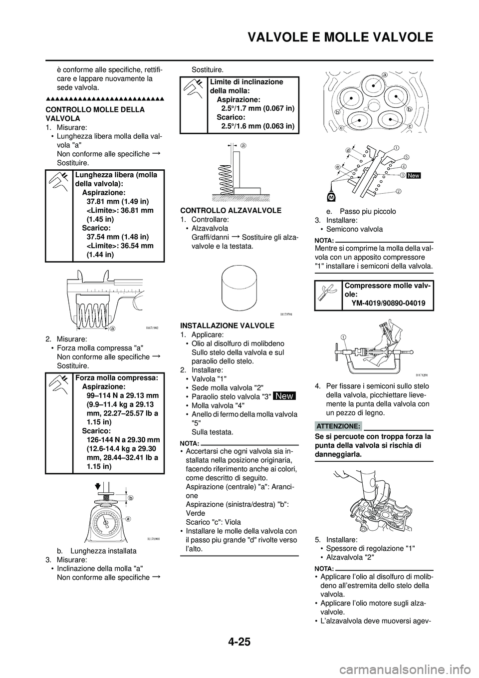 YAMAHA YZ250F 2008 Manuale duso (in Italian) 4-25
VALVOLE E MOLLE VALVOLE
è conforme alle specifiche, rettifi-
care e lappare nuovamente la
sede valvola.
CONTROLLO MOLLE DELLA
VALVOLA
1. Misurare:• Lunghezza libera molla della val-
vola "a" YAMAHA YZ250F 2008 Manuale duso (in Italian) 4-25
VALVOLE E MOLLE VALVOLE
è conforme alle specifiche, rettifi-
care e lappare nuovamente la
sede valvola.
CONTROLLO MOLLE DELLA
VALVOLA
1. Misurare:• Lunghezza libera molla della val-
vola "a"