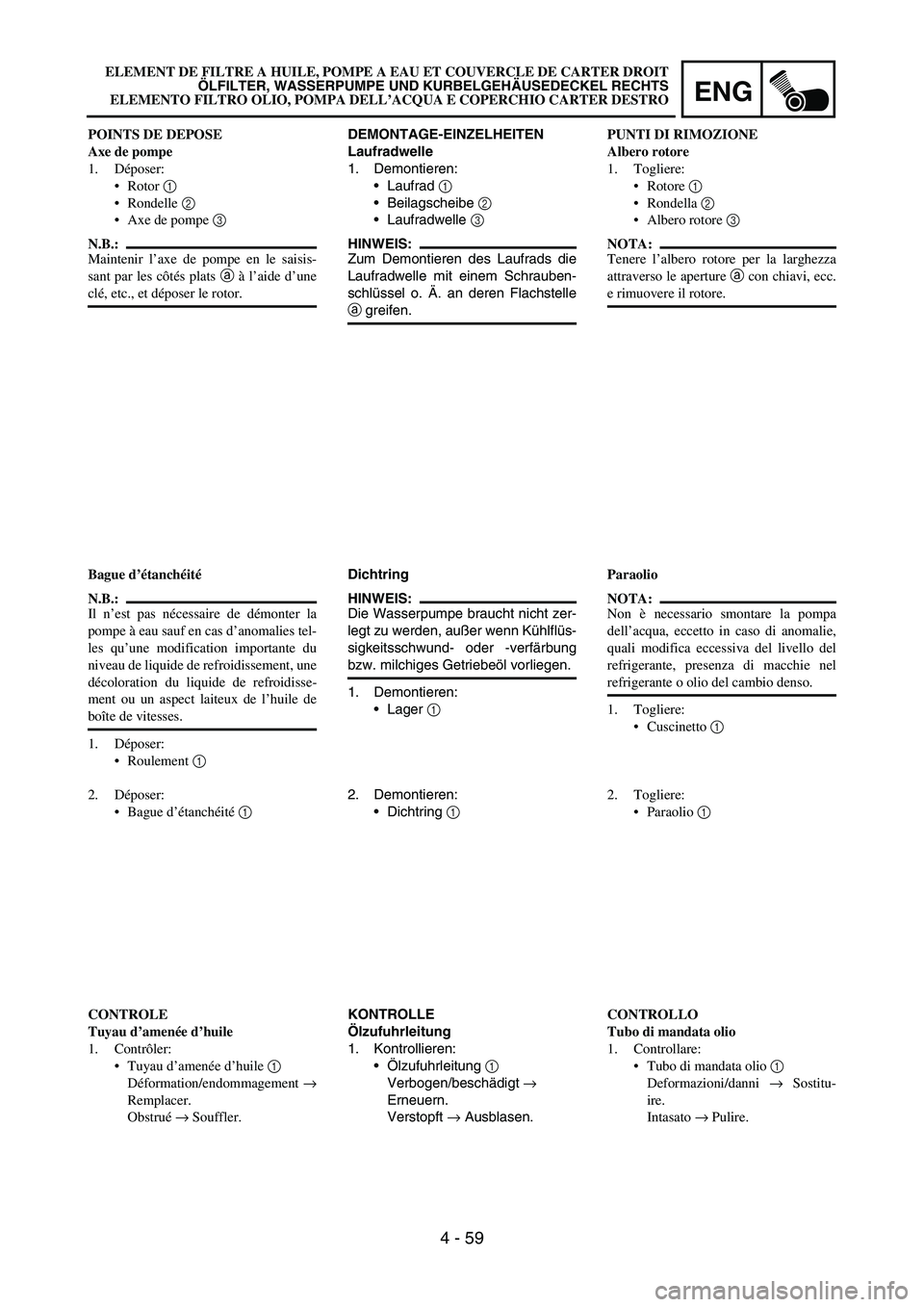 YAMAHA YZ250F 2006  Owners Manual ENG
4 - 59
DEMONTAGE-EINZELHEITEN
Laufradwelle
1. Demontieren:
Laufrad 
1 
Beilagscheibe 
2 
Laufradwelle 
3 
HINWEIS:
Zum Demontieren des Laufrads die
Laufradwelle mit einem Schrauben-
schlüssel 