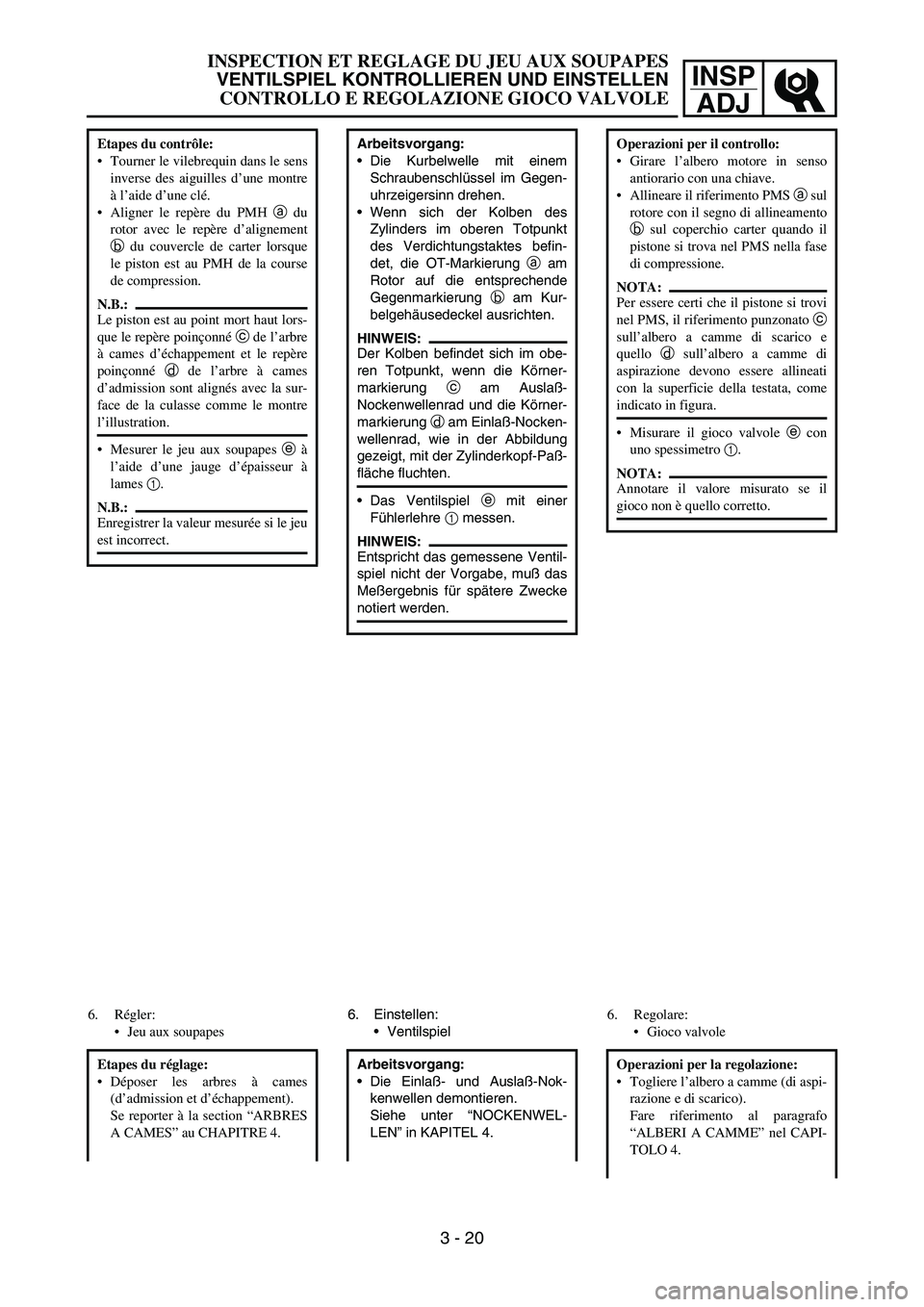 YAMAHA YZ250F 2005  Owners Manual INSP
ADJ
Arbeitsvorgang:
Die Kurbelwelle mit einem
Schraubenschlüssel im Gegen-
uhrzeigersinn drehen.
Wenn sich der Kolben des
Zylinders im oberen Totpunkt
des Verdichtungstaktes befin-
det, die OT