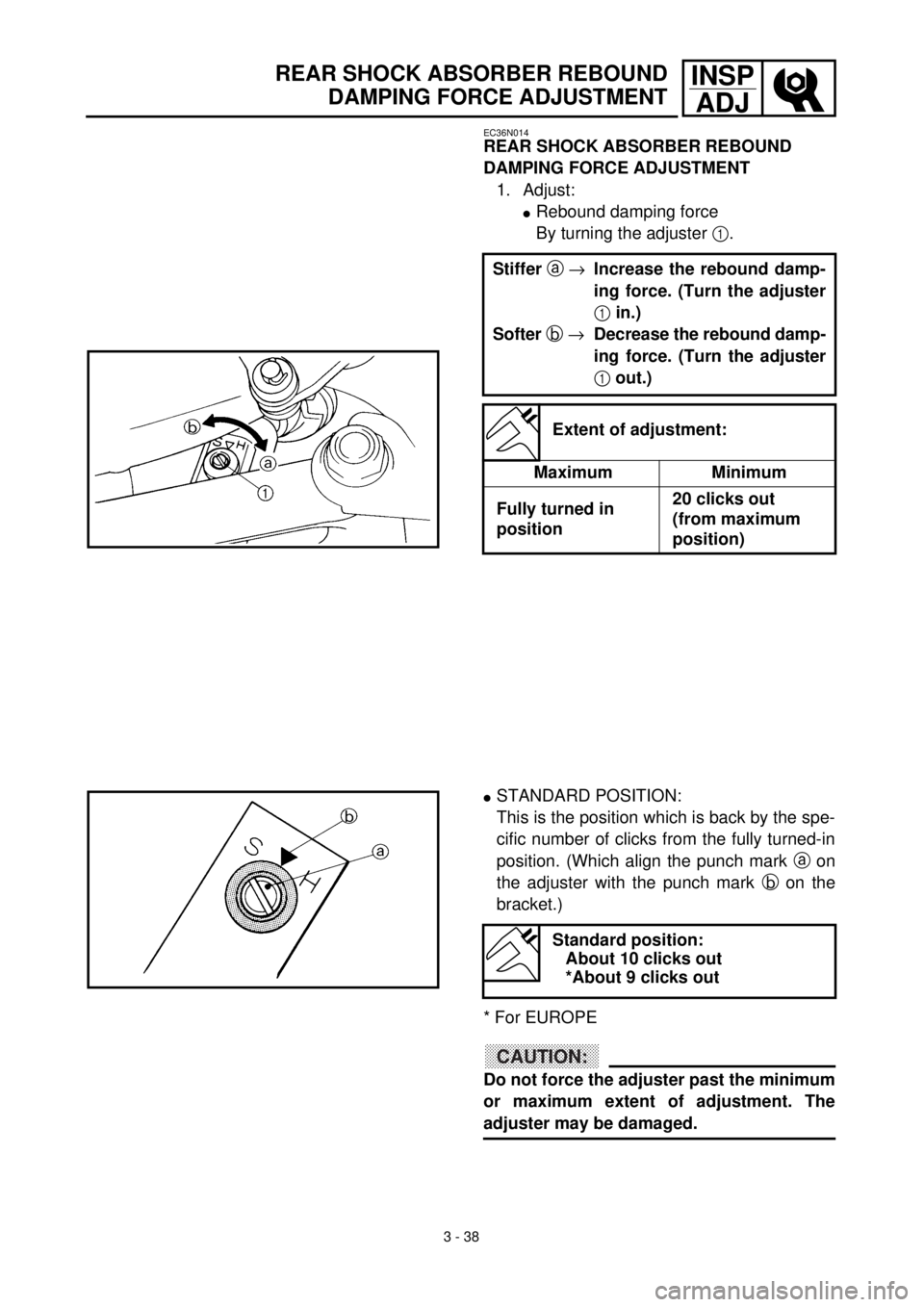 YAMAHA YZ426F 2001  Betriebsanleitungen (in German) 3 - 38
INSP
ADJREAR SHOCK ABSORBER REBOUND
DAMPING FORCE ADJUSTMENT
EC36N014
REAR SHOCK ABSORBER REBOUND 
DAMPING FORCE ADJUSTMENT
1. Adjust:
lRebound damping force
By turning the adjuster 1.
Stiffer 