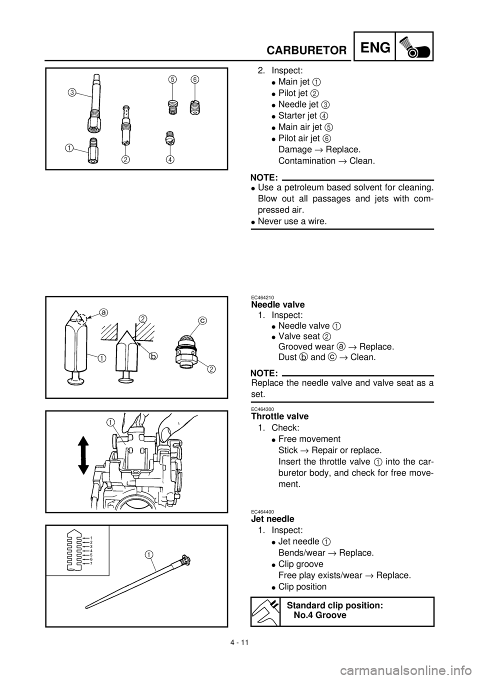 YAMAHA YZ426F 2001  Notices Demploi (in French) 4 - 11
ENGCARBURETOR
2. Inspect:
lMain jet 1 
lPilot jet 2 
lNeedle jet 3 
lStarter jet 4 
lMain air jet 5 
lPilot air jet 6 
Damage ® Replace.
Contamination ® Clean.
NOTE:
lUse a petroleum based so