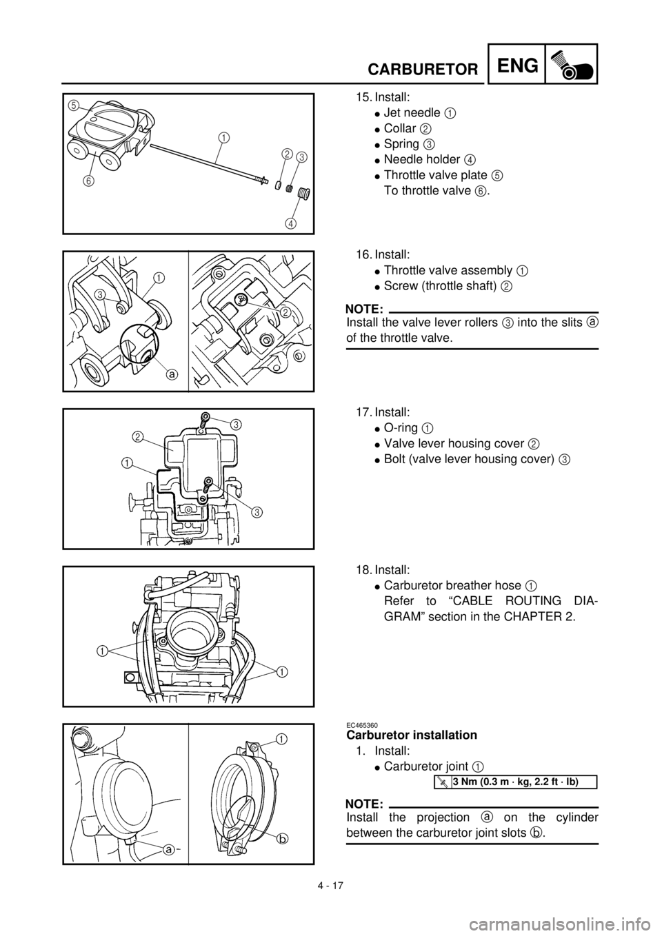 YAMAHA YZ426F 2001  Notices Demploi (in French) 4 - 17
ENGCARBURETOR
15. Install:
lJet needle 1 
lCollar 2 
lSpring 3 
lNeedle holder 4 
lThrottle valve plate 5 
To throttle valve 6.
5
6
1
2
3
4
16. Install:
lThrottle valve assembly 1 
lScrew (thro