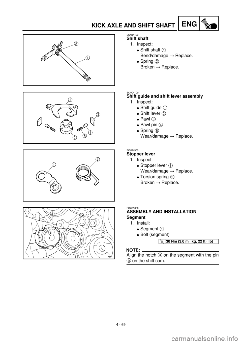 YAMAHA YZ426F 2001  Betriebsanleitungen (in German) 4 - 69
ENGKICK AXLE AND SHIFT SHAFT
EC4B4400
Shift shaft
1. Inspect:
lShift shaft 1 
Bend/damage ® Replace.
lSpring 2 
Broken ® Replace.
EC4C4100
Shift guide and shift lever assembly
1. Inspect:
lSh