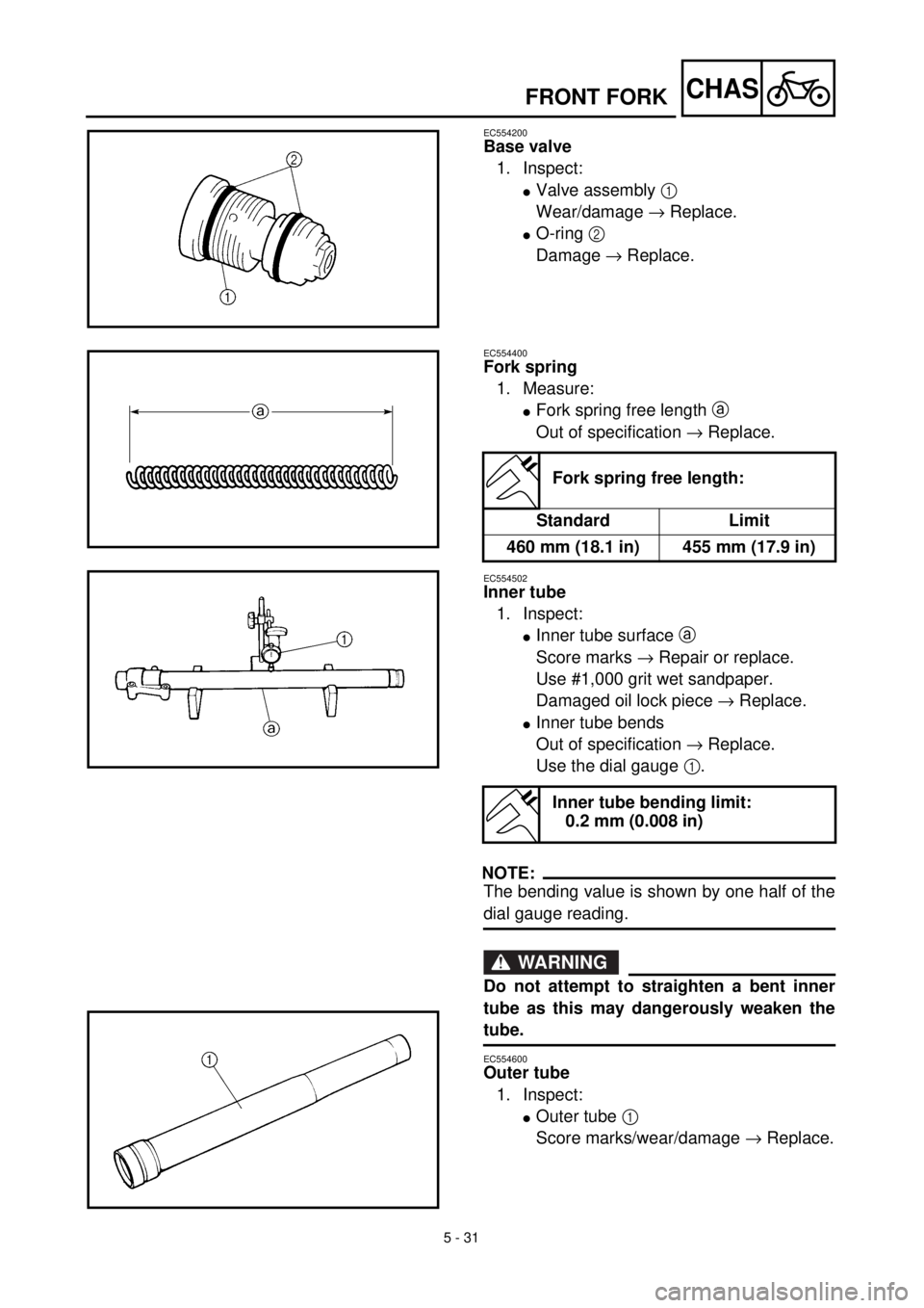 YAMAHA YZ426F 2001  Betriebsanleitungen (in German) 5 - 31
CHAS
EC554200
Base valve
1. Inspect:
lValve assembly 1 
Wear/damage ® Replace.
lO-ring 2 
Damage ® Replace.
EC554400
Fork spring
1. Measure:
lFork spring free length a 
Out of specification 