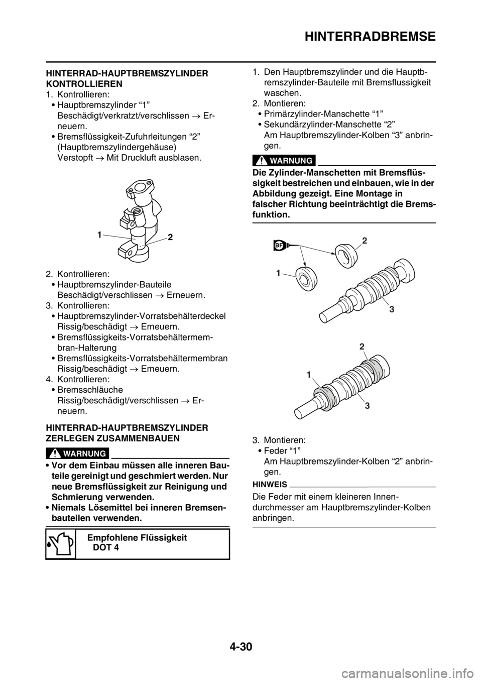 YAMAHA YZ450F 2016 Betriebsanleitungen (in German) HINTERRADBREMSE
4-30
GASB111157HINTERRAD-HAUPTBREMSZYLINDER
KONTROLLIEREN
1. Kontrollieren:
• Hauptbremszylinder “1”
Beschädigt/verkratzt/verschlissen Er-
neuern.
• Bremsflüssigkeit-Zuf YAMAHA YZ450F 2016 Betriebsanleitungen (in German) HINTERRADBREMSE
4-30
GASB111157HINTERRAD-HAUPTBREMSZYLINDER
KONTROLLIEREN
1. Kontrollieren:
• Hauptbremszylinder “1”
Beschädigt/verkratzt/verschlissen Er-
neuern.
• Bremsflüssigkeit-Zuf