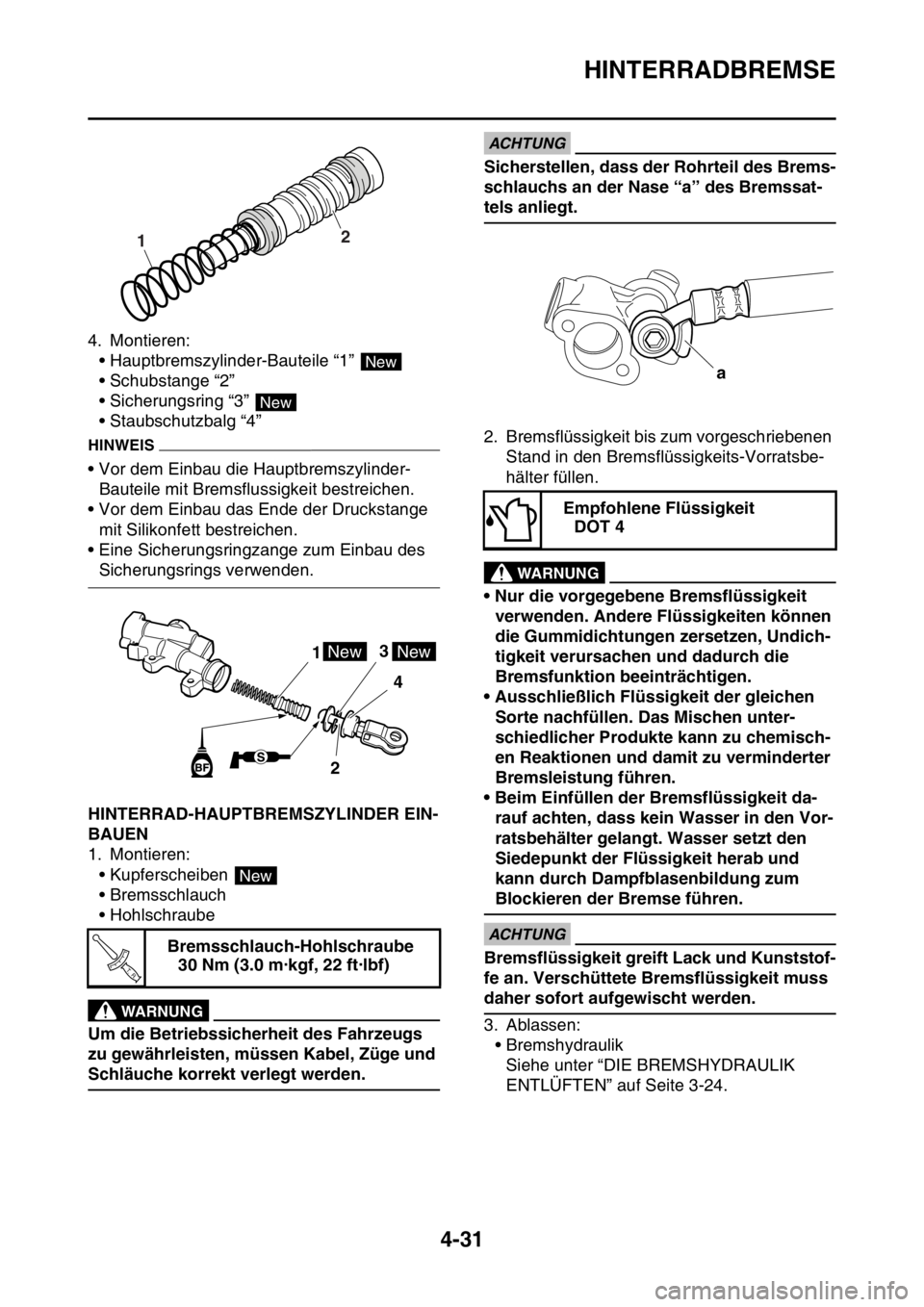 YAMAHA YZ450F 2016 Betriebsanleitungen (in German) HINTERRADBREMSE
4-31
4. Montieren:
• Hauptbremszylinder-Bauteile “1”
• Schubstange “2”
• Sicherungsring “3”
• Staubschutzbalg “4”
HINWEIS
• Vor dem Einbau die Hauptbremszyl YAMAHA YZ450F 2016 Betriebsanleitungen (in German) HINTERRADBREMSE
4-31
4. Montieren:
• Hauptbremszylinder-Bauteile “1”
• Schubstange “2”
• Sicherungsring “3”
• Staubschutzbalg “4”
HINWEIS
• Vor dem Einbau die Hauptbremszyl