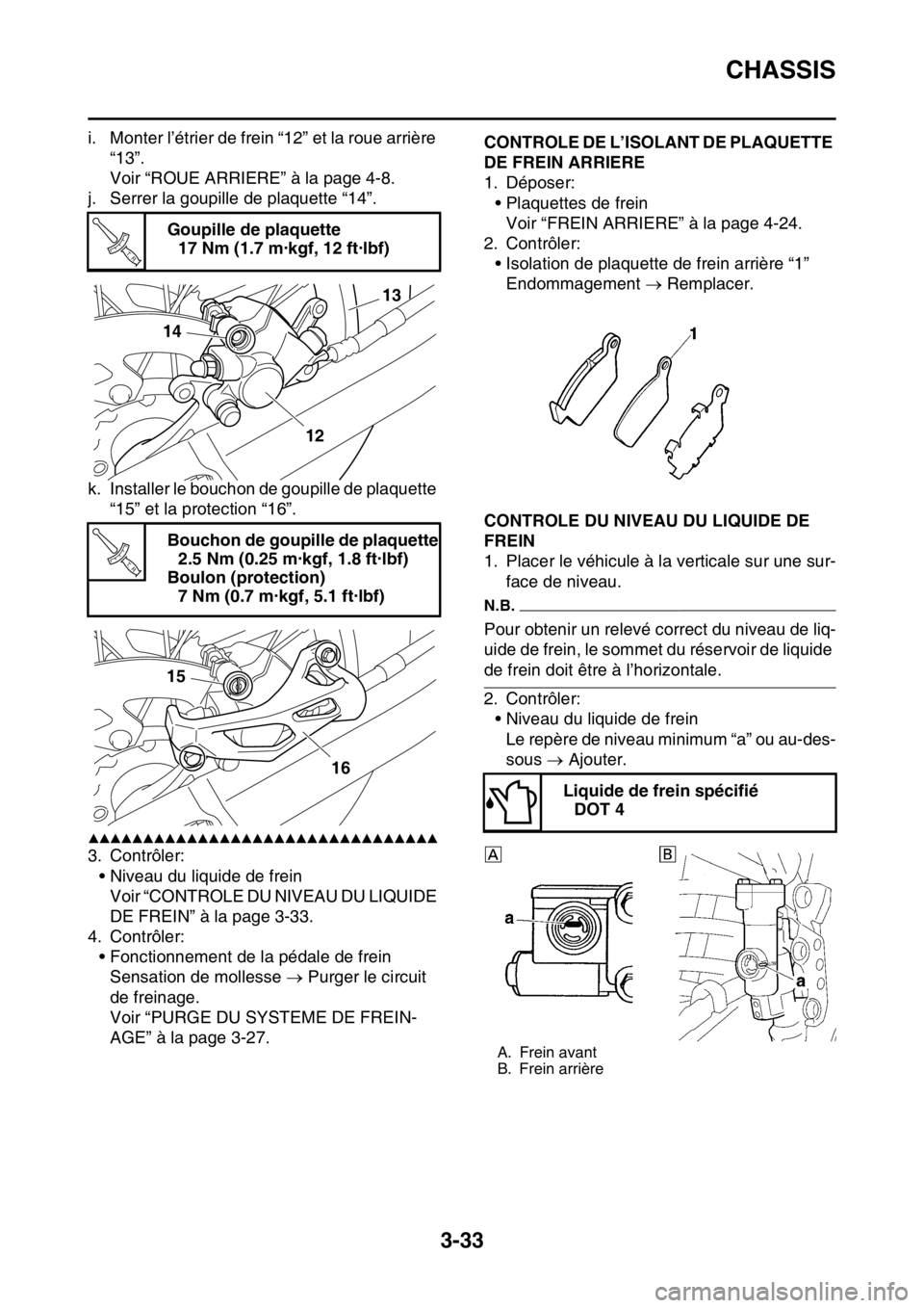 YAMAHA YZ450F 2016  Notices Demploi (in French) CHASSIS
3-33
i. Monter l’étrier de frein “12” et la roue arrière 
“13”.
Voir “ROUE ARRIERE” à la page 4-8.
j. Serrer la goupille de plaquette “14”.
k. Installer le bouchon de goup