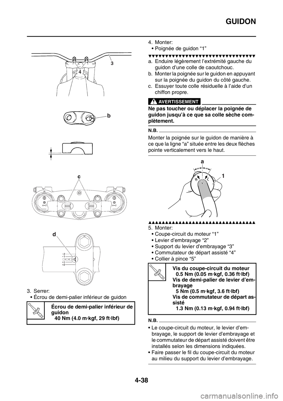 YAMAHA YZ450F 2016  Notices Demploi (in French) GUIDON
4-38
3. Serrer:
• Écrou de demi-palier inférieur de guidon4. Monter:
• Poignée de guidon “1”
▼▼▼▼▼▼▼▼▼▼▼▼▼▼▼▼▼▼▼▼▼▼▼▼▼▼▼▼▼
