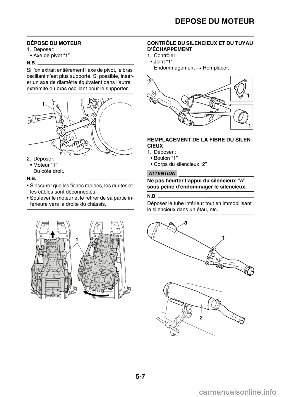 YAMAHA YZ450F 2016  Notices Demploi (in French) DEPOSE DU MOTEUR
5-7
FASB111199DÉPOSE DU MOTEUR
1. Déposer:
• Axe de pivot “1”
N.B.
Si l’on extrait entièrement l’axe de pivot, le bras 
oscillant n’est plus supporté. Si possible, ins
