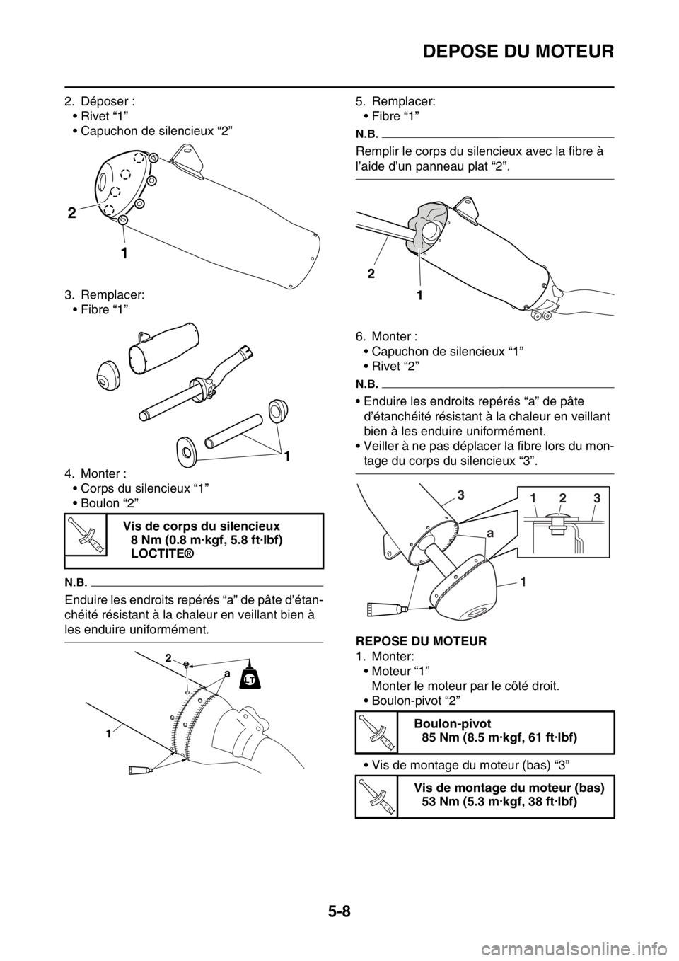YAMAHA YZ450F 2016  Notices Demploi (in French) DEPOSE DU MOTEUR
5-8
2. Déposer :
•Rivet “1”
• Capuchon de silencieux “2”
3. Remplacer:
• Fibre “1”
4. Monter :
• Corps du silencieux “1”
• Boulon “2”
N.B.
Enduire les e