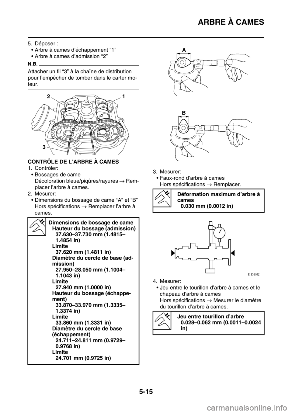 YAMAHA YZ450F 2016  Notices Demploi (in French) ARBRE À CAMES
5-15
5. Déposer :
• Arbre à cames d’échappement “1”
• Arbre à cames d’admission “2”
N.B.
Attacher un fil “3” à la chaîne de distribution 
pour l’empêcher de