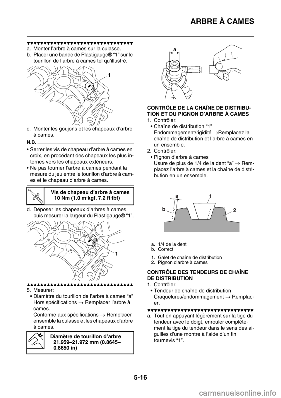 YAMAHA YZ450F 2016  Notices Demploi (in French) ARBRE À CAMES
5-16
▼▼▼▼▼▼▼▼▼▼▼▼▼▼▼▼▼▼▼▼▼▼▼▼▼▼▼▼▼▼▼▼
a. Monter l’arbre à cames sur la culasse.
b. Placer une bande de Plastigauge® 