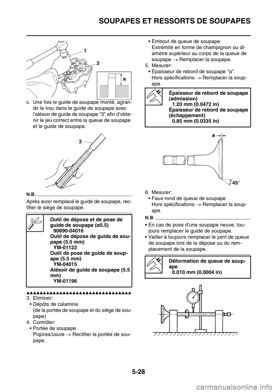 YAMAHA YZ450F 2016  Notices Demploi (in French) SOUPAPES ET RESSORTS DE SOUPAPES
5-28
c. Une fois le guide de soupape monté, agran-
dir le trou dans le guide de soupape avec 
lalésoir de guide de soupape “3” afin d’obte-
nir le jeu correct