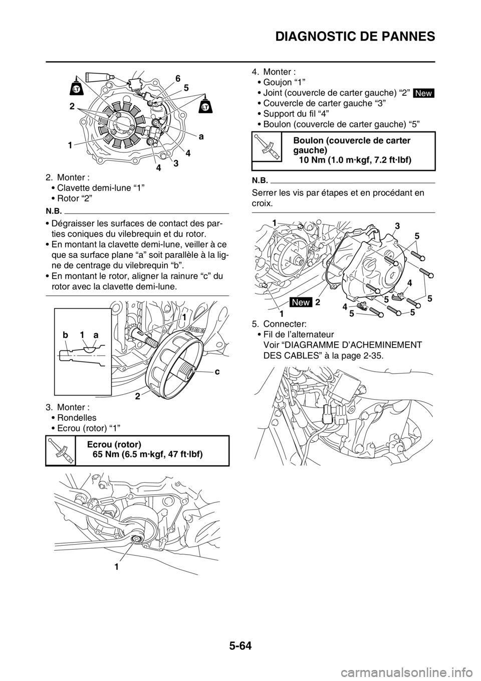YAMAHA YZ450F 2016  Notices Demploi (in French) DIAGNOSTIC DE PANNES
5-64
2. Monter :
• Clavette demi-lune “1”
• Rotor “2”
N.B.
• Dégraisser les surfaces de contact des par-
ties coniques du vilebrequin et du rotor.
• En montant la
