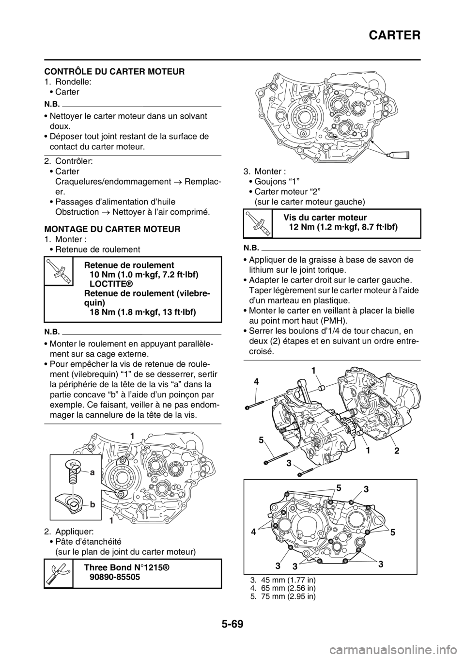 YAMAHA YZ450F 2016  Notices Demploi (in French) CARTER
5-69
FASB111280CONTRÔLE DU CARTER MOTEUR
1. Rondelle:
•Carter
N.B.
• Nettoyer le carter moteur dans un solvant 
doux.
• Déposer tout joint restant de la surface de 
contact du carter mo