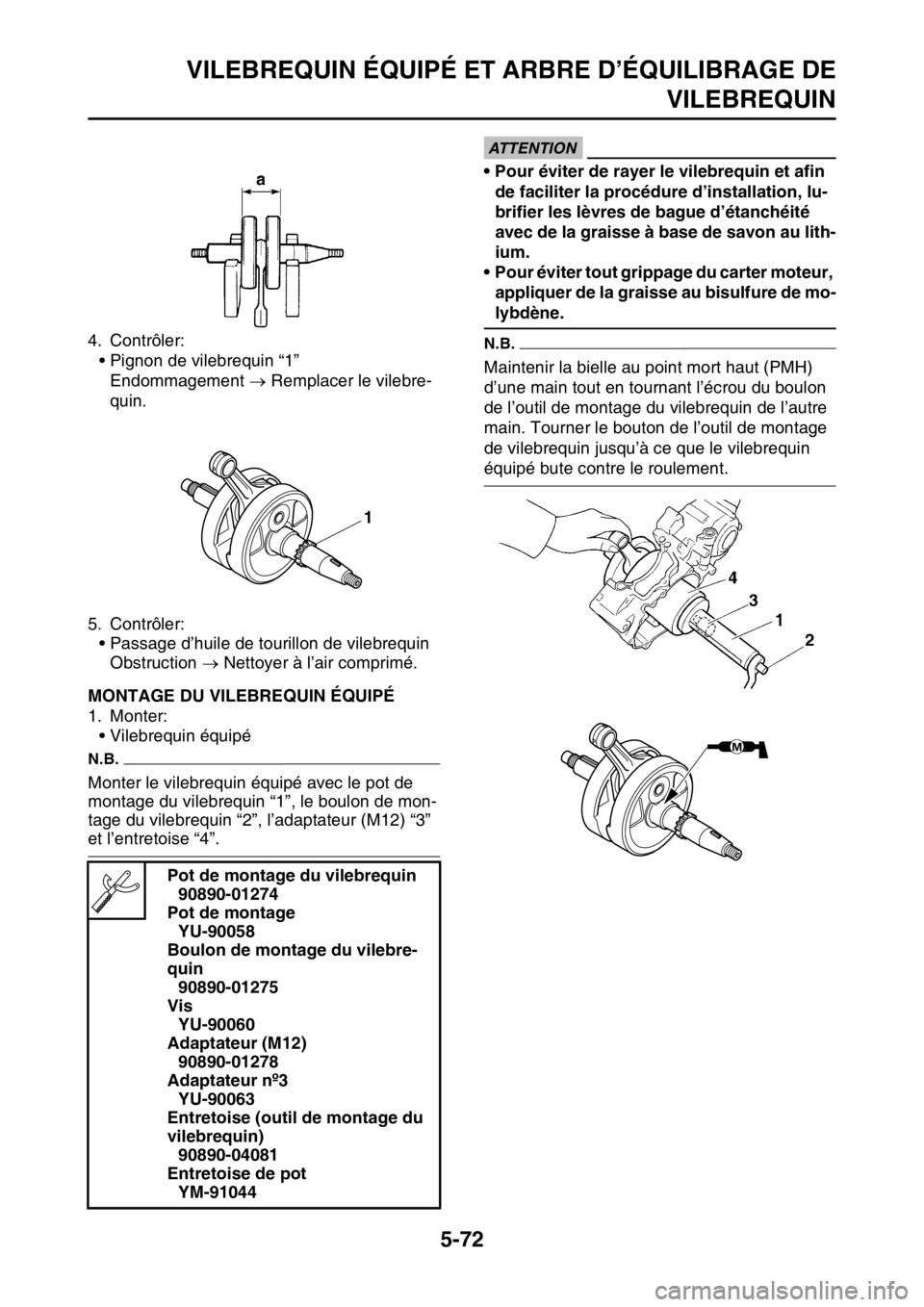YAMAHA YZ450F 2016  Notices Demploi (in French) VILEBREQUIN ÉQUIPÉ ET ARBRE D’ÉQUILIBRAGE DE
VILEBREQUIN
5-72
4. Contrôler:
• Pignon de vilebrequin “1”
Endommagement  Remplacer le vilebre-
quin.
5. Contrôler:
• Passage d’huile d