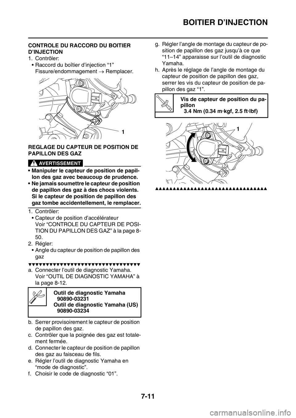 YAMAHA YZ450F 2016  Notices Demploi (in French) BOITIER D’INJECTION
7-11
FASB111316CONTROLE DU RACCORD DU BOITIER 
D’INJECTION
1. Contrôler:
• Raccord du boîtier d’injection “1”
Fissure/endommagement  Remplacer.
FASB111317REGLAGE D