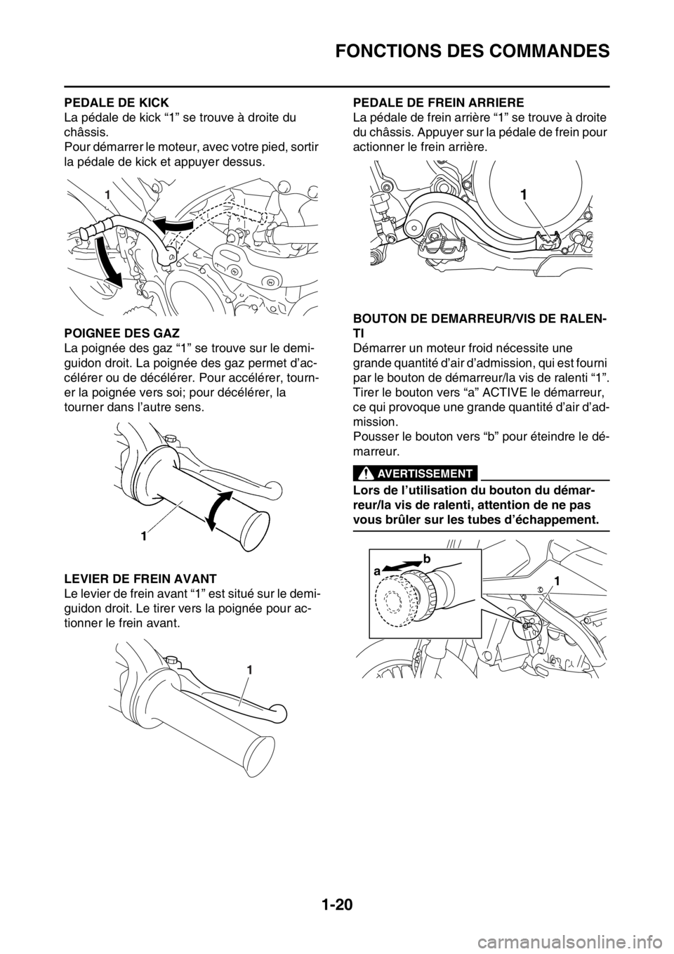 YAMAHA YZ450F 2016  Notices Demploi (in French) FONCTIONS DES COMMANDES
1-20
FASB111034PEDALE DE KICK
La pédale de kick “1” se trouve à droite du 
châssis.
Pour démarrer le moteur, avec votre pied, sortir 
la pédale de kick et appuyer dess