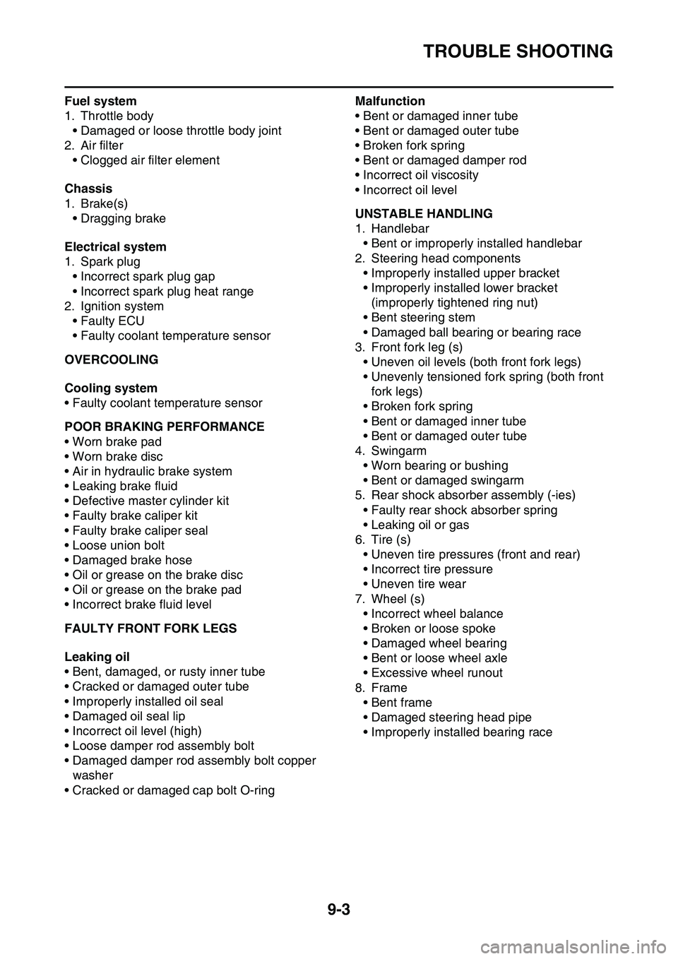 YAMAHA YZ450F 2014  Owners Manual TROUBLE SHOOTING
9-3
Fuel system
1. Throttle body
• Damaged or loose throttle body joint
2. Air filter
• Clogged air filter element
Chassis
1. Brake(s)
• Dragging brake
Electrical system
1. Spar