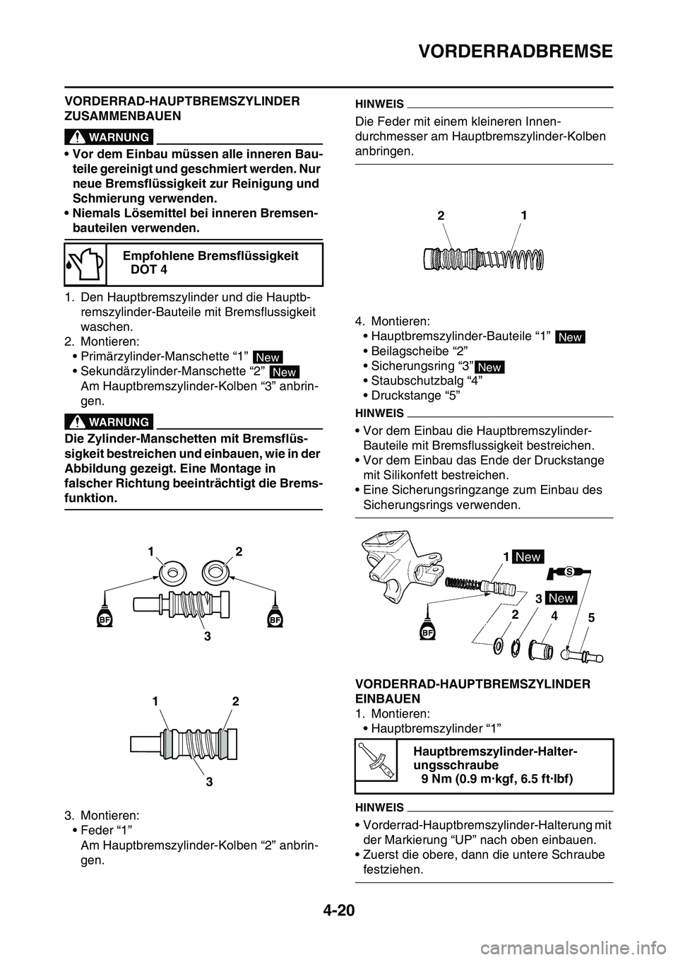 YAMAHA YZ450F 2014 Betriebsanleitungen (in German) VORDERRADBREMSE
4-20
VORDERRAD-HAUPTBREMSZYLINDER
ZUSAMMENBAUEN
EWA13520
WARNUNG
• Vor dem Einbau müssen alle inneren Bau-
teile gereinigt und geschmiert werden. Nur
neue Bremsflüssigkeit zur Re YAMAHA YZ450F 2014 Betriebsanleitungen (in German) VORDERRADBREMSE
4-20
VORDERRAD-HAUPTBREMSZYLINDER
ZUSAMMENBAUEN
EWA13520
WARNUNG
• Vor dem Einbau müssen alle inneren Bau-
teile gereinigt und geschmiert werden. Nur
neue Bremsflüssigkeit zur Re