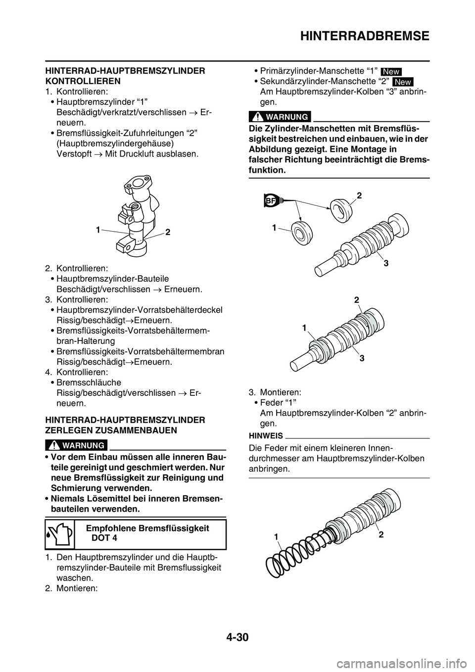 YAMAHA YZ450F 2014 Betriebsanleitungen (in German) HINTERRADBREMSE
4-30
HINTERRAD-HAUPTBREMSZYLINDER
KONTROLLIEREN
1. Kontrollieren:
• Hauptbremszylinder “1”
Beschädigt/verkratzt/verschlissen Er-
neuern.
• Bremsflüssigkeit-Zufuhrleitung YAMAHA YZ450F 2014 Betriebsanleitungen (in German) HINTERRADBREMSE
4-30
HINTERRAD-HAUPTBREMSZYLINDER
KONTROLLIEREN
1. Kontrollieren:
• Hauptbremszylinder “1”
Beschädigt/verkratzt/verschlissen Er-
neuern.
• Bremsflüssigkeit-Zufuhrleitung