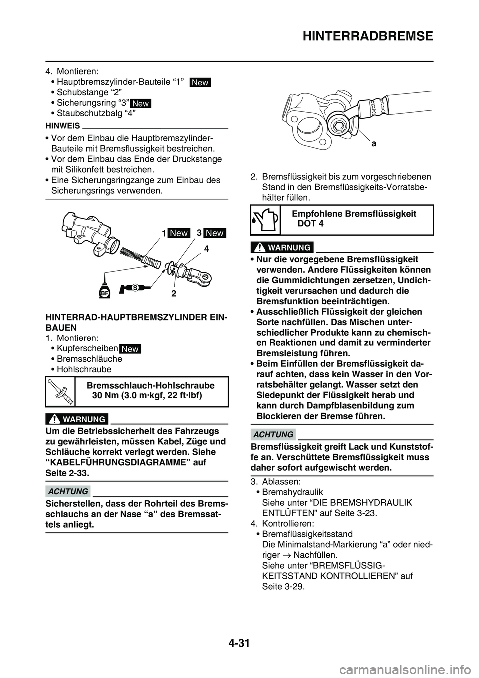 YAMAHA YZ450F 2014 Betriebsanleitungen (in German) HINTERRADBREMSE
4-31
4. Montieren:
• Hauptbremszylinder-Bauteile “1”
• Schubstange “2”
• Sicherungsring “3”
• Staubschutzbalg “4”
HINWEIS
• Vor dem Einbau die Hauptbremsz YAMAHA YZ450F 2014 Betriebsanleitungen (in German) HINTERRADBREMSE
4-31
4. Montieren:
• Hauptbremszylinder-Bauteile “1”
• Schubstange “2”
• Sicherungsring “3”
• Staubschutzbalg “4”
HINWEIS
• Vor dem Einbau die Hauptbremsz