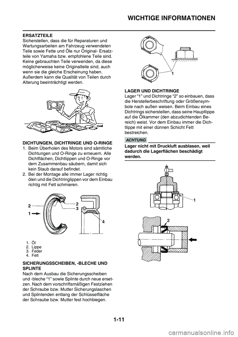 YAMAHA YZ450F 2014 Betriebsanleitungen (in German) WICHTIGE INFORMATIONEN
1-11
ERSATZTEILE
Sicherstellen, dass die für Reparaturen und
Wartungsarbeiten am Fahrzeug verwendeten
Teile sowie Fette und Öle nur Original- Ersatz-
teile von Yamaha bzw. e YAMAHA YZ450F 2014 Betriebsanleitungen (in German) WICHTIGE INFORMATIONEN
1-11
ERSATZTEILE
Sicherstellen, dass die für Reparaturen und
Wartungsarbeiten am Fahrzeug verwendeten
Teile sowie Fette und Öle nur Original- Ersatz-
teile von Yamaha bzw. e