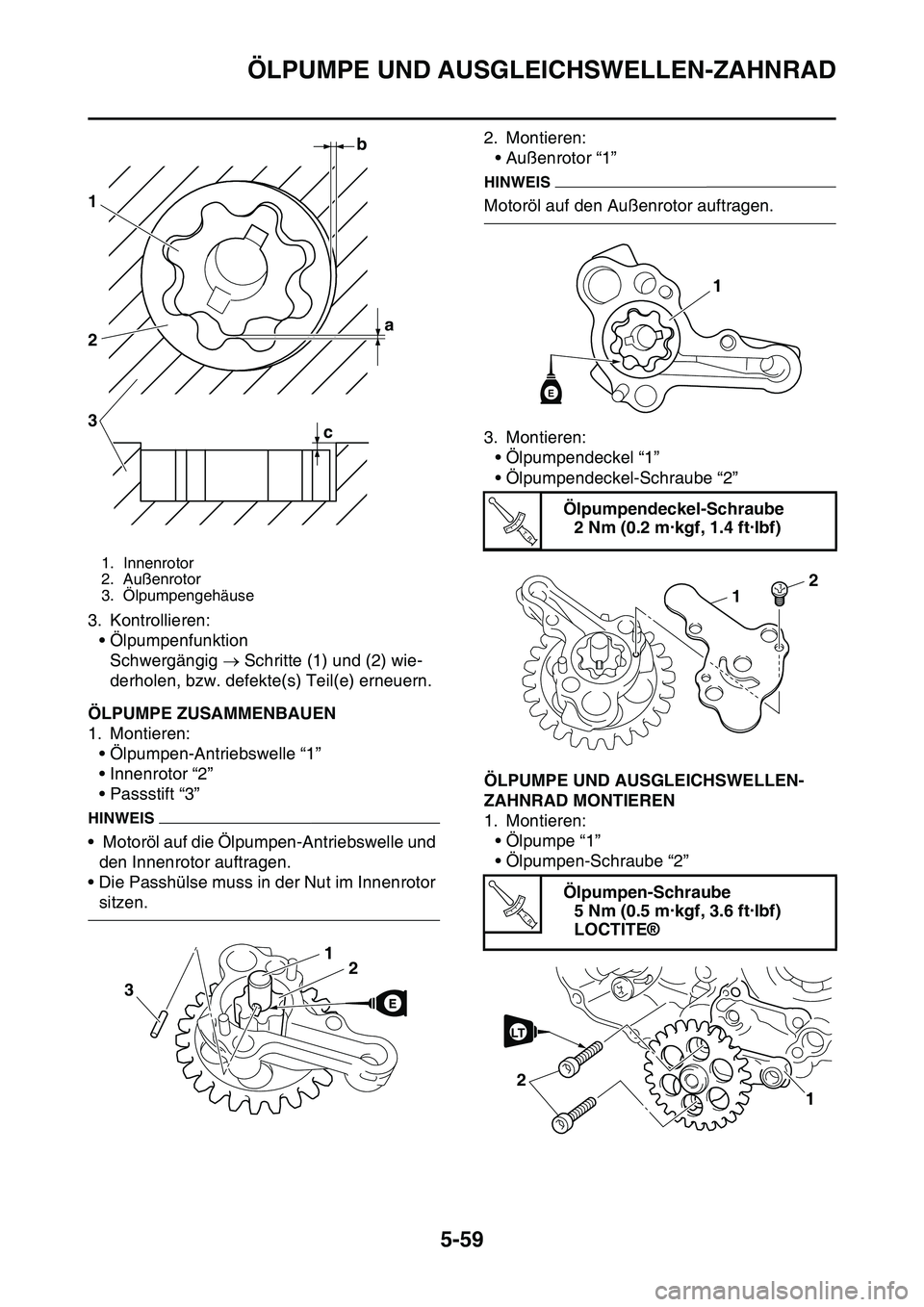 YAMAHA YZ450F 2014  Betriebsanleitungen (in German) ÖLPUMPE UND AUSGLEICHSWELLEN-ZAHNRAD
5-59
3. Kontrollieren:
• Ölpumpenfunktion
Schwergängig  Schritte (1) und (2) wie-
derholen, bzw. defekte(s) Teil(e) erneuern.
GAS1SL1270ÖLPUMPE ZUSAMMENBA