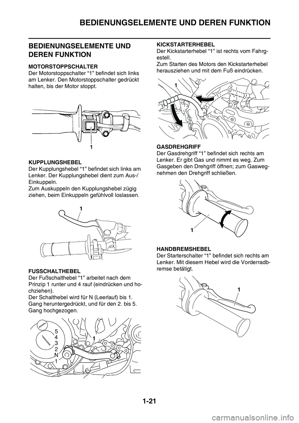 YAMAHA YZ450F 2014  Betriebsanleitungen (in German) BEDIENUNGSELEMENTE UND DEREN FUNKTION
1-21
GAS1SL1032
BEDIENUNGSELEMENTE UND 
DEREN FUNKTION
GAS1SL1033MOTORSTOPPSCHALTER
Der Motorstoppschalter “1” befindet sich links 
am Lenker. Den Motorstopps