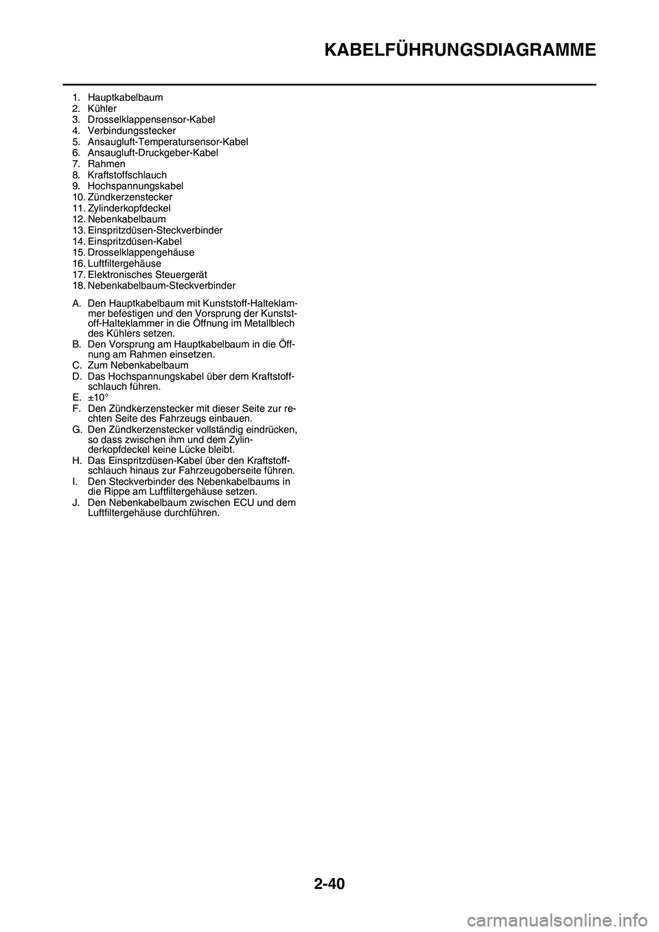 YAMAHA YZ450F 2014 Betriebsanleitungen (in German) KABELFÜHRUNGSDIAGRAMME
2-40
1. Hauptkabelbaum
2. Kühler
3. Drosselklappensensor-Kabel
4. Verbindungsstecker
5. Ansaugluft-Temperatursensor-Kabel
6. Ansaugluft-Druckgeber-Kabel
7. Rahmen
8. Kraftstof YAMAHA YZ450F 2014 Betriebsanleitungen (in German) KABELFÜHRUNGSDIAGRAMME
2-40
1. Hauptkabelbaum
2. Kühler
3. Drosselklappensensor-Kabel
4. Verbindungsstecker
5. Ansaugluft-Temperatursensor-Kabel
6. Ansaugluft-Druckgeber-Kabel
7. Rahmen
8. Kraftstof